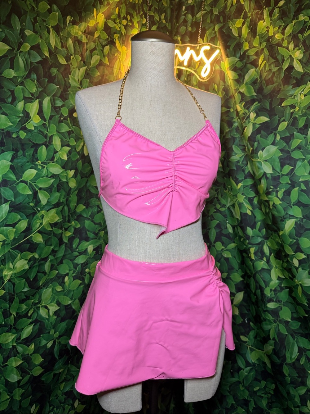 Pink Chain Strap Crop Top & Mini Skirt Set / Rave outfit / Burning man Outfit